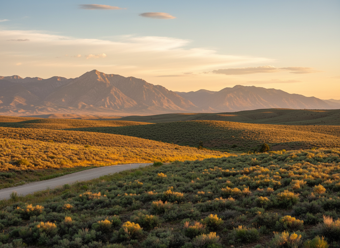 A wide landscape image of raw Utah land suitable for development or long-term investment, featuring gently sloping sagebrush-covered terrain leading toward dramatic mountain ranges and a bright, expansive sky. A simple gravel access road cuts diagonally through the frame, subtly indicating infrastructure and potential. Captured during golden hour with warm light grazing the grasses and low shrubs, creating rich texture and long, soft shadows. The composition uses the rule of thirds, with land dominating the foreground and middle ground, and the mountains and sky anchoring the horizon. The mood is forward-looking and full of possibility, highlighting the opportunity for buyers and investors to grow wealth through strategic land purchases in a quintessential Utah setting. Photographic realism, clean and uncluttered.