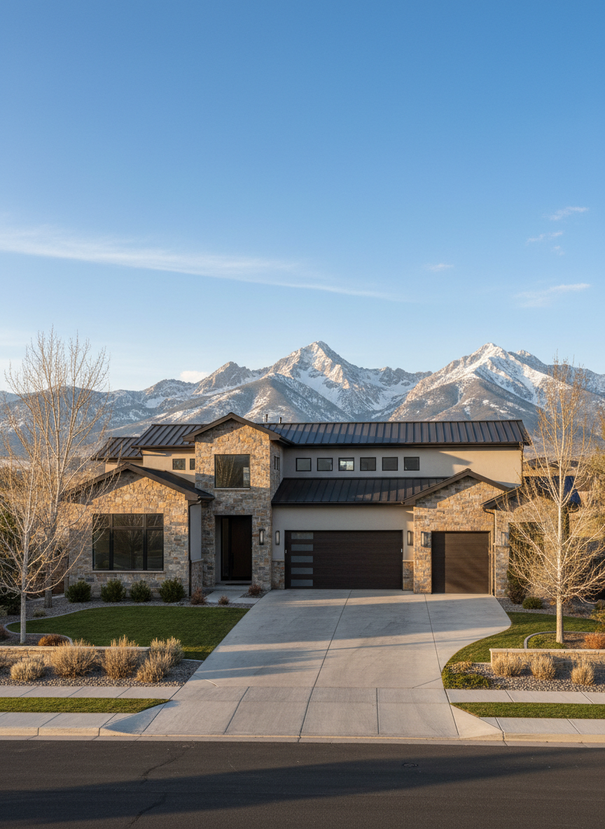 A luxurious yet approachable Utah family home with clean modern lines and warm stone accents, photographed from the street at eye level. The house sits against a backdrop of snow-dusted Wasatch Mountains under a clear blue sky, with a well-kept front yard, mature trees, and a wide concrete driveway. Soft late-afternoon golden light highlights the texture of the stone and siding, casting gentle shadows along the facade. The mood is welcoming and professional, suggesting stability and long-term value. Photographic realism with crisp focus across the entire frame, composed using the rule of thirds so the home fills most of the image while the mountains subtly suggest outdoor lifestyle and mountain access in the distance.