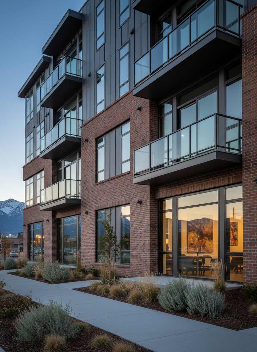 A sophisticated, modern multi-unit residential building in an urban Utah setting, ideal for real estate investors. The exterior features a mix of dark metal panels, brick, and large glass windows, with individual balconies that hint at mountain or city views beyond. Street-level landscaping includes hardy, low-water plants suited to the local climate, and a neatly paved sidewalk. Captured at blue hour, just after sunset, with building lights softly glowing from within and subtle reflections on the glass. The mood is professional, stable, and investment-focused. Photographic realism from a slightly low, three-quarter angle that emphasizes the structure’s height and architectural detail, with sharp focus and a clean composition that keeps the building as the clear focal point, free of people or signage.