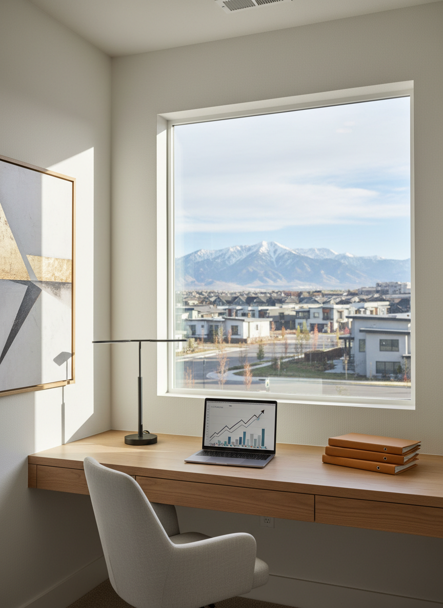A polished home office or study space designed to represent smart real estate investing and wealth growth, inside a contemporary Utah home. A built-in wood desk with a subtle grain pattern runs beneath a large window that provides a clear view of distant mountains and a well-planned neighborhood. On the desk, there is an open laptop, a sleek desk lamp, and a few neatly stacked folders, all arranged tidily without visible text. Soft late-morning daylight fills the room, creating a bright but controlled environment with gentle shadows along the walls. The color palette is neutral and professional, with clean white walls and minimalist decor. Photographic realism, shot at eye level with shallow depth of field that keeps the workspace in sharp focus while the mountain backdrop is slightly softened, conveying focus, planning, and financial growth.