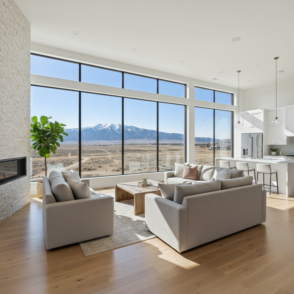 A bright, open-concept Utah living room designed for homebuyers, featuring large picture windows framing a distant mountain ridge and a glimpse of a nearby trail system. Neutral-toned sofas, a sleek gas fireplace with stone surround, and light hardwood floors create a clean, upscale aesthetic. Natural midday light pours in, creating soft highlights on the floors and subtle shadows beneath furniture. Photographed from a slightly elevated corner angle to show the full layout and flow toward a modern kitchen beyond. The atmosphere is calm, inviting, and aspirational, emphasizing comfort and potential for entertaining. Photographic realism with sharp focus throughout, balanced composition, and no people or text, ideal for showcasing lifestyle-focused Utah real estate.
