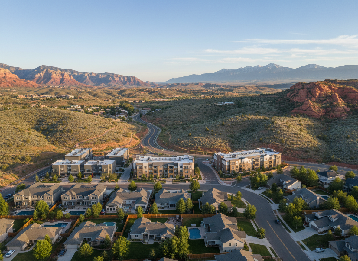 A panoramic aerial view of a Utah neighborhood illustrating a balanced portfolio of real estate options: single-family homes with landscaped yards, a small cluster of modern townhomes, and a mid-sized multi-unit apartment building. The community is bordered by rolling foothills and red rock formations, with a winding road leading toward taller mountain peaks in the background. Captured in clear, soft morning light that evenly illuminates rooftops and streets, avoiding harsh shadows. The mood is optimistic and growth-oriented, suggesting opportunity for buying, selling, and investing. Photographic realism from a high drone perspective, wide-angle composition with sharp detail across the frame, emphasizing both the properties and the surrounding natural landscape that defines Utah’s outdoor lifestyle.