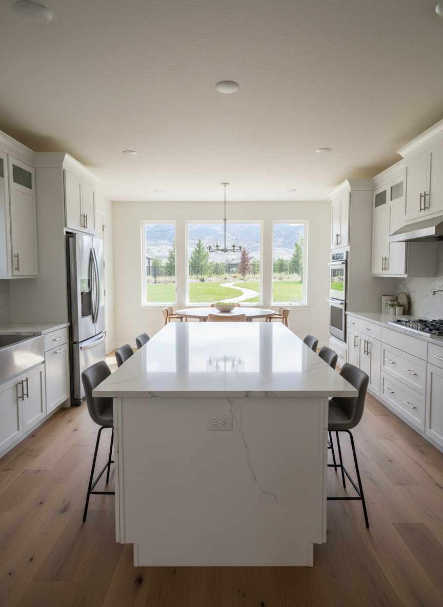 A high-end Utah kitchen ideal for showcasing resale value, featuring a large quartz island with subtle marbling, shaker-style white cabinetry, and stainless steel appliances. A window above the sink reveals a sliver of a backyard with a glimpse of a mountain trailhead in the distance, hinting at outdoor access. The space is flooded with soft, even daylight from multiple windows, creating gentle reflections on the quartz countertop and a warm glow on the light hardwood floors. The mood is aspirational yet attainable, emphasizing quality and everyday livability. Photographic realism from a slightly elevated, wide-angle perspective that reveals the full kitchen layout and adjacent dining area. The composition is balanced and uncluttered, focusing on finishes and functionality that matter to buyers and investors alike.